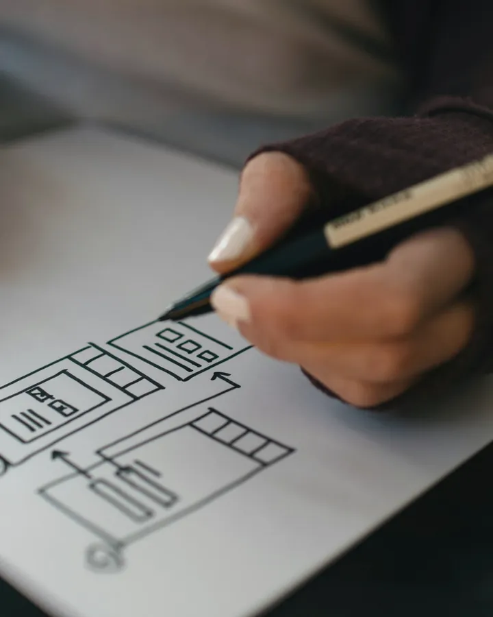 Hand sketching page layouts on paper